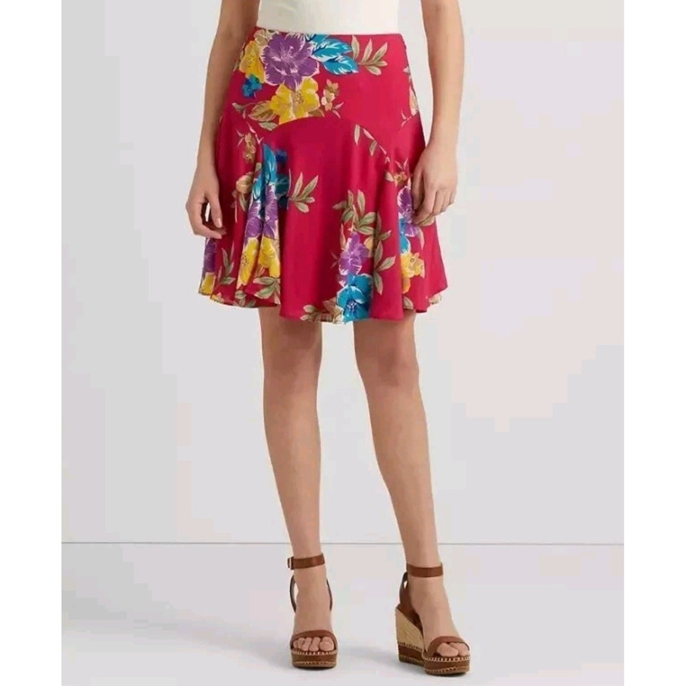 Lauren Ralph Lauren Georgette Floral Skirt Womens Size 6 Fuchsia Pink A-line - Picture 1 of 13